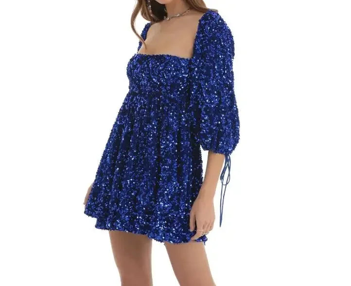 New Fashion Sexy Sequin Short Sleeve Square Neck Solid Color Slim Fit Dress For Women,5 Colors