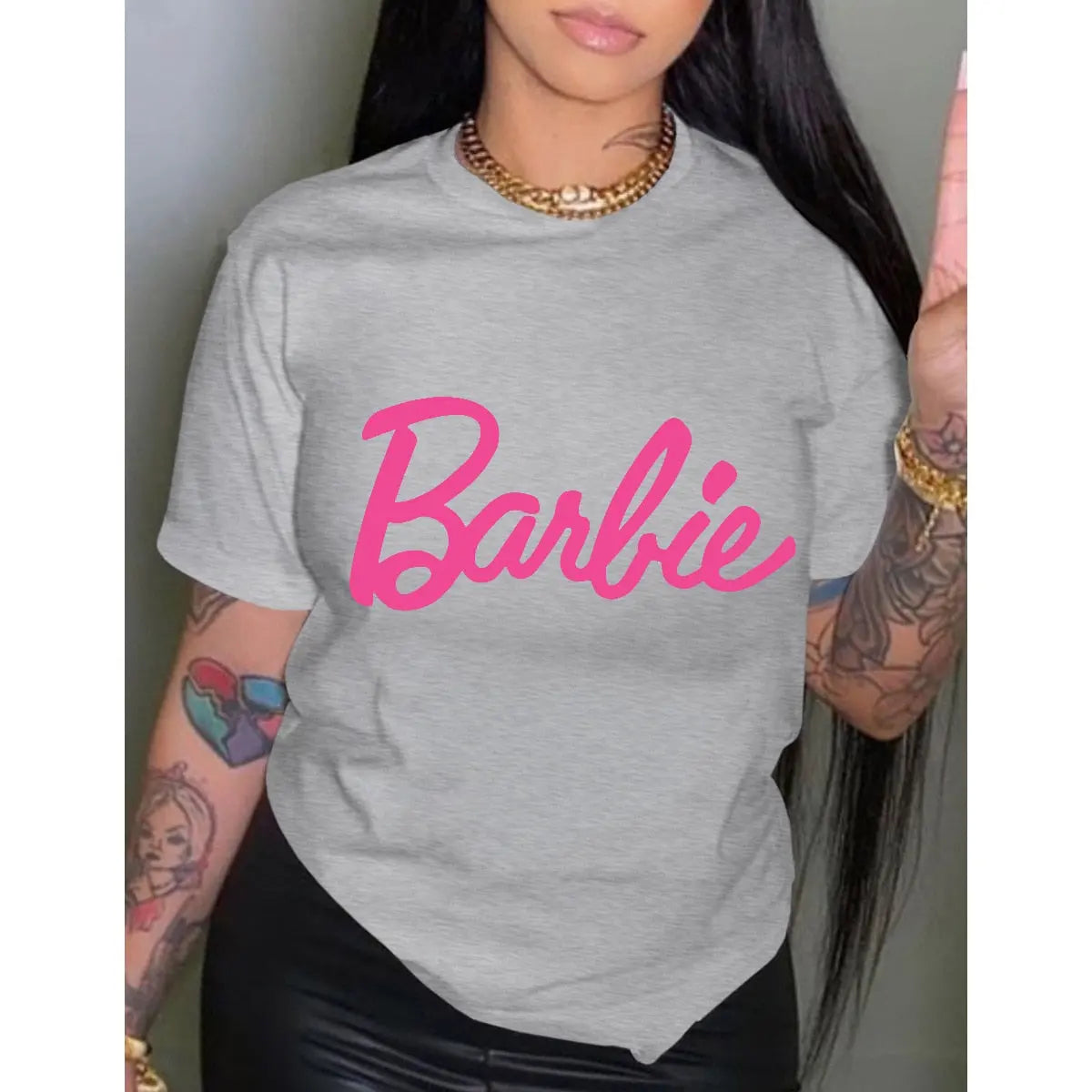 Barbie mektup baskılı T Shirt moda bayanlar pamuk yuvarlak boyun kısa kollu Y2K kızlar yaz fanila tüm maç hediyeler Tops