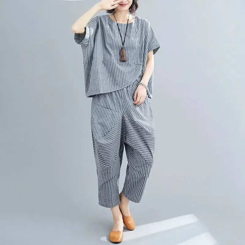 Large Size Casual Suits Women's Clothing Summer Cotton Linen Thin Irregular Short Sleeve T-shirt Loose Harem Pants 2 Piece Sets