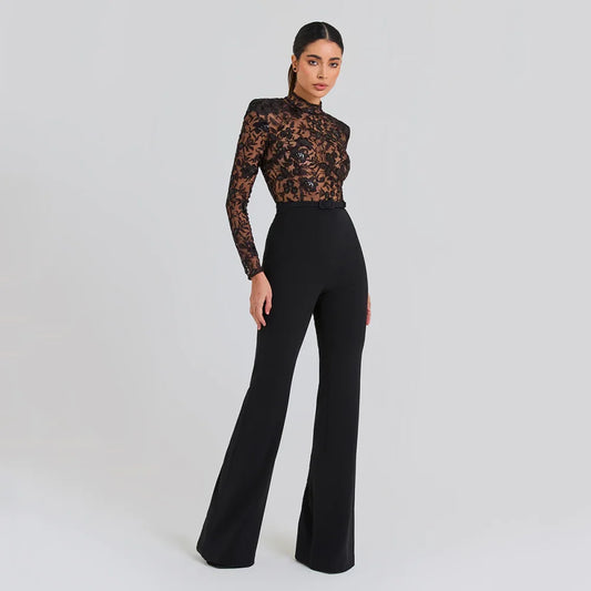 2024 Bandage Jumpsuit Women Sexy Lace Long Sleeve Patchwork Flare Pants Club Party Outfits  Jumpsuits