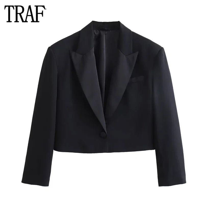 Satin Black Cropped Blazer LUXLIFE BRANDS