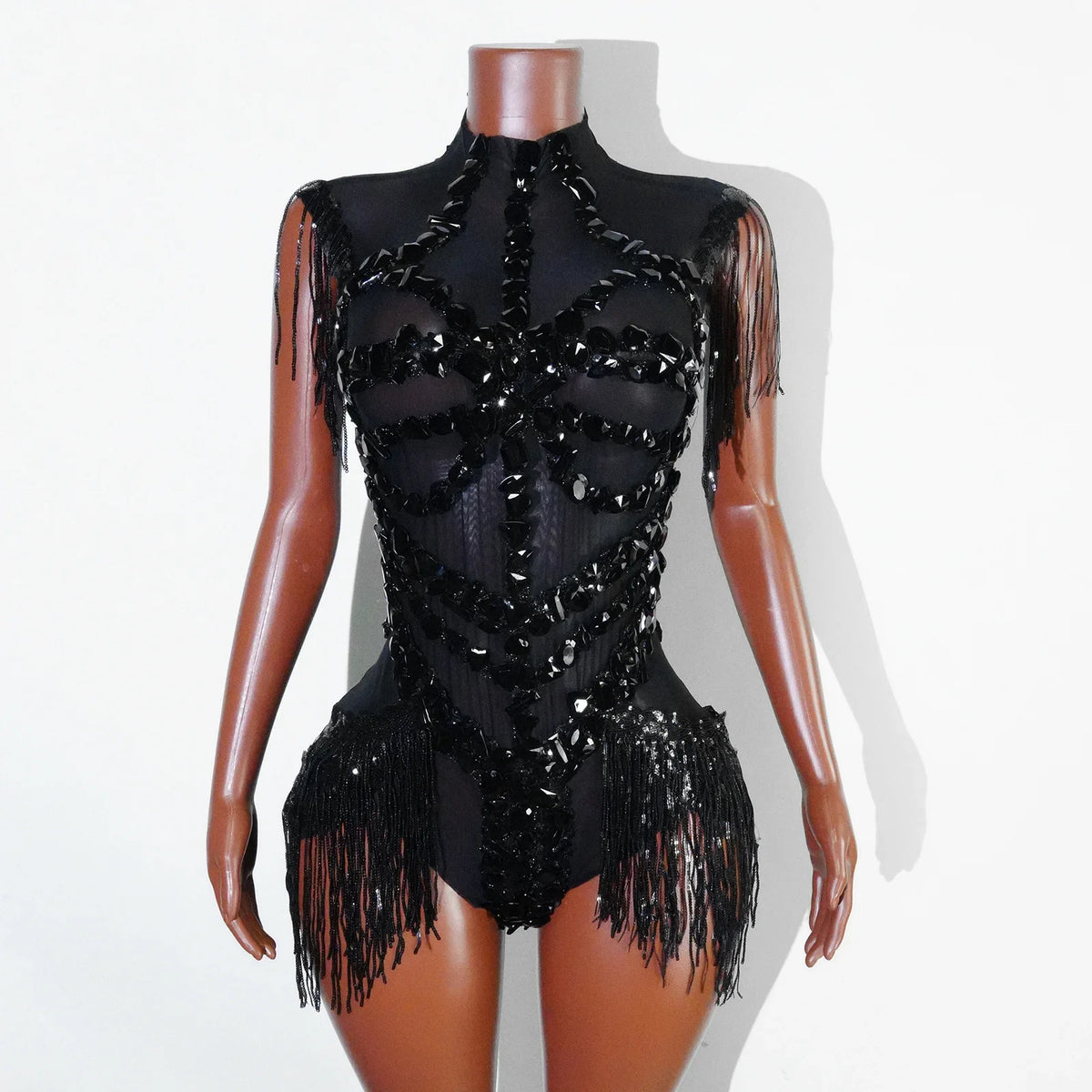 The Stardust Midnight Cabaret Bodysuit – Luxury Rhinestone & Mesh Showgirl Costume