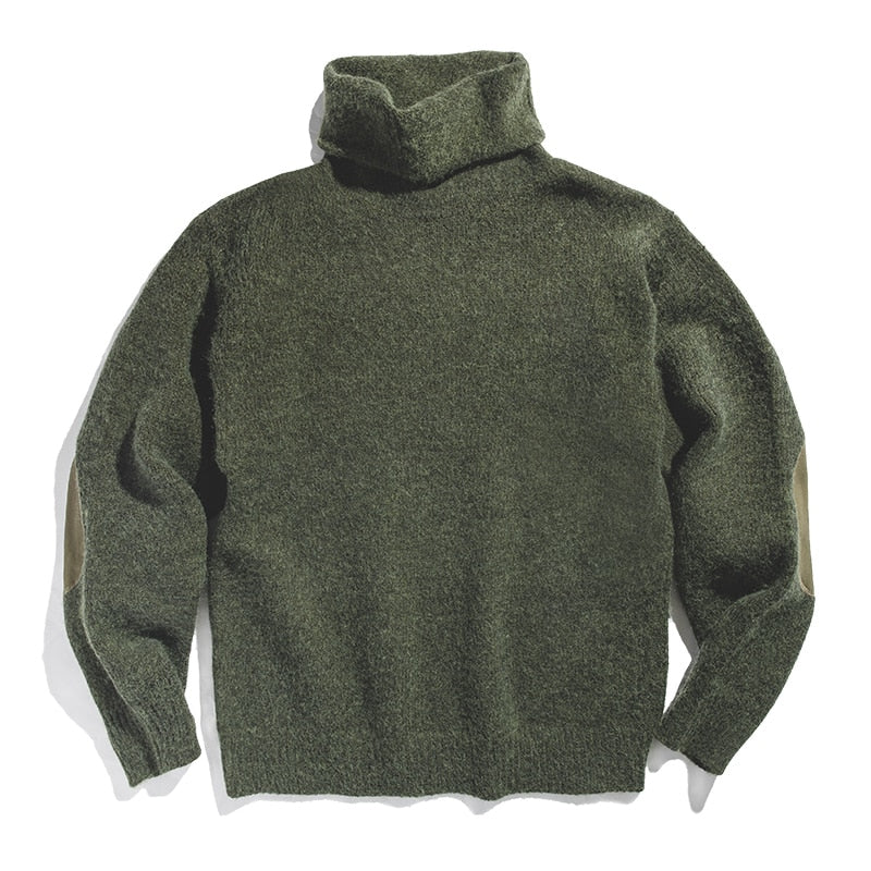 Maden Men's Vintage Warm Soft Mohair Turtleneck Sweater Green Grey Long Sleeve Sweater With Elbow Patch