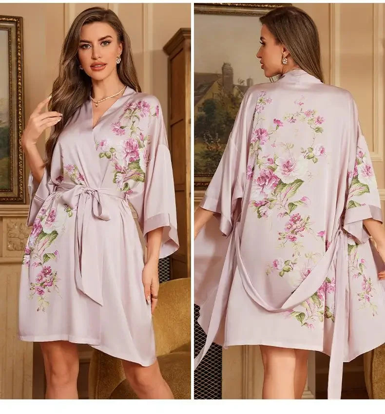 Female Robe Nightgown Summer Satin Sleepwear Loungewear Silky Printing Kimono Bathrobe Gown Yukata Sexy Casual Nightwear