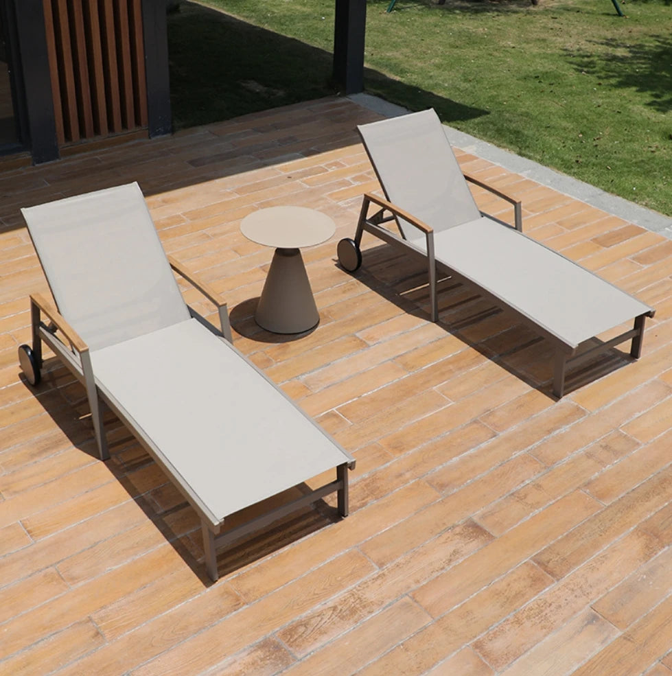 Outdoor Poolside Sun Lounger Set With Adjustable Reclining Comfortable And Durable Chaise Lounge With Armrests And Side Table