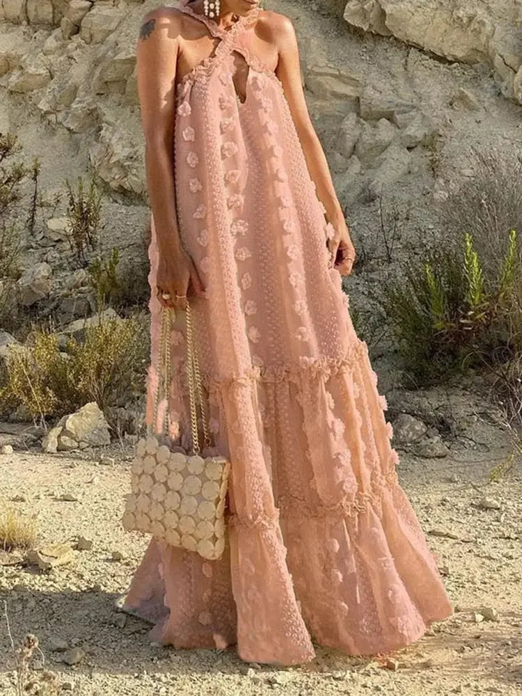 CHICEVER Patchwork Floral Dress For Female Halter Sleeveless Sexy Straight Loose Waist Maxi Dresses Women 2022 Summer Clothing