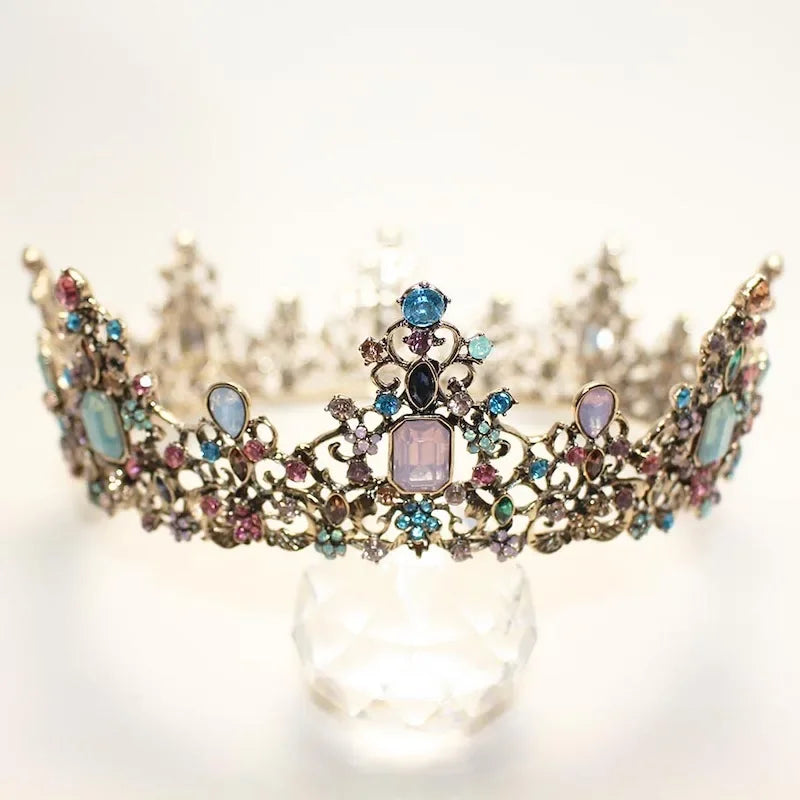 Round Colorful Crystal Rhinestone Wedding Queen Crown Headwear Retro Bridal Crown Color Headwear Crown Party Dress Hair Accessor