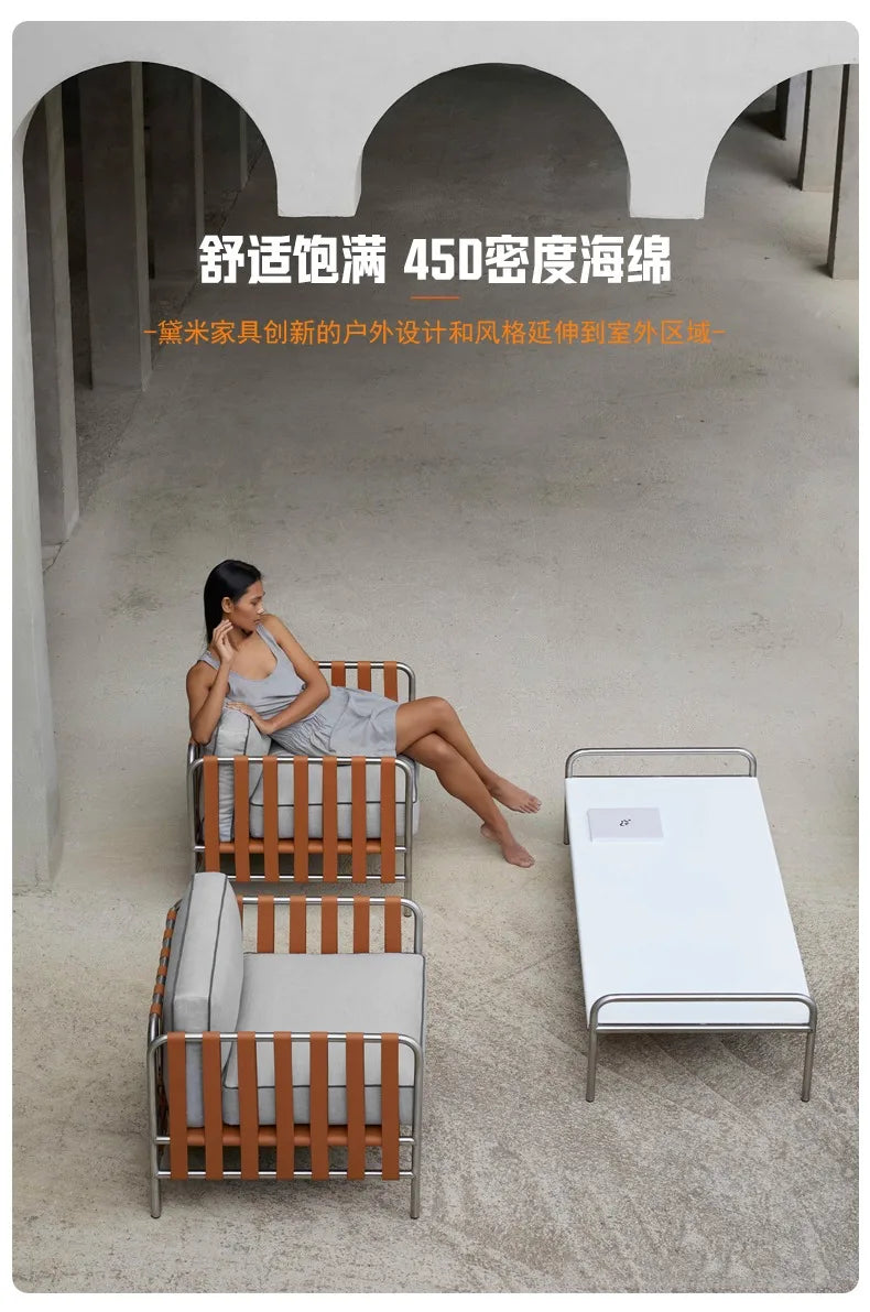 Outdoor stainless steel sofa rattan courtyard villa rain and sun coffee table combination