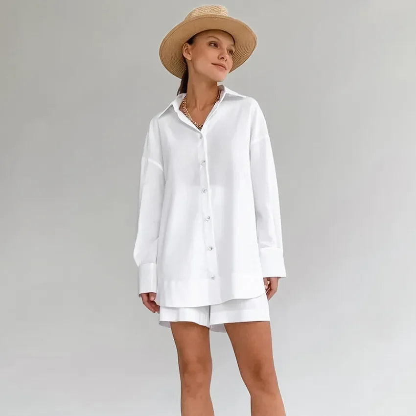 Spring Summer Cotton Linen Loose Shorts Set Solid Color Lapel Single Breasted Casual Shirts Women Outfits Pleated Female Suit LUXLIFE BRANDS