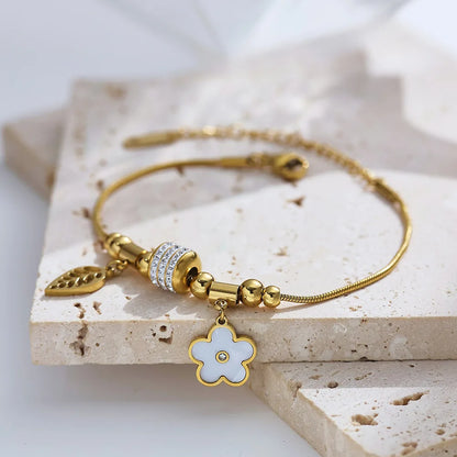 Spring White Flower Titanium Steel Bracelet with Enamel 18K Gold Plated Waterproof Non Allergy Jewelry for Women Girls Friends