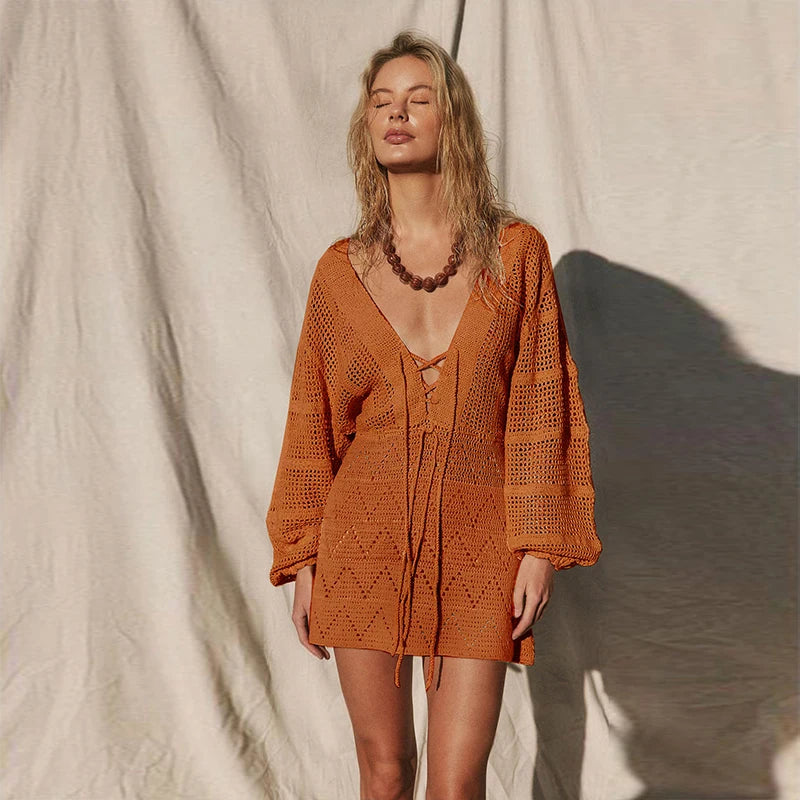 Sexy Deep V-neck Lace-up Bell Sleeve Knit Mesh Hollow Out Beach Mini Dress 2025 Summer Swimsuit Cover Up Women Casual Tunic K14 Luxlife Brands