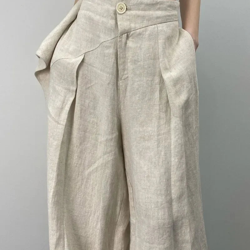 Hikigawa Chic Fashion Women Casual Pleated Wide Leg Pants Linen Texture All Match Loose High Waist Trousers Mujer Pantalones