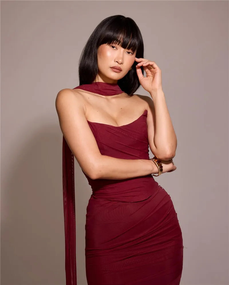 Mozision Wine Red Sexy Two Piece Sets Women Neckerchief Strapless Crop Tops And Maxi Skirt Sets Club Party Skirt Two Piece Sets Luxlife Brands