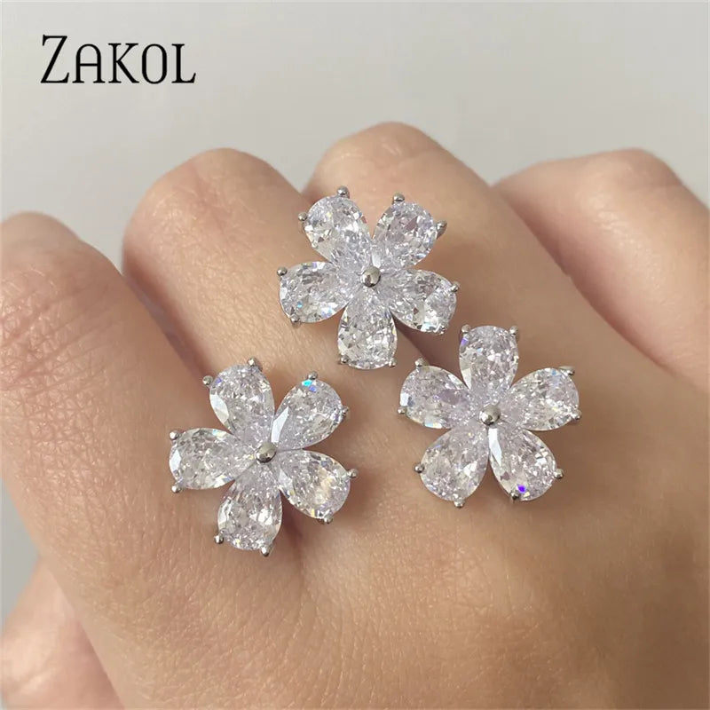 ZAKOL Korea Shiny Cubic Zircon Leaf Shape Open Rings for Women Fashion Geometry Crystal Finger Ring Anillos for Party Jewelry LUXLIFE BRANDS