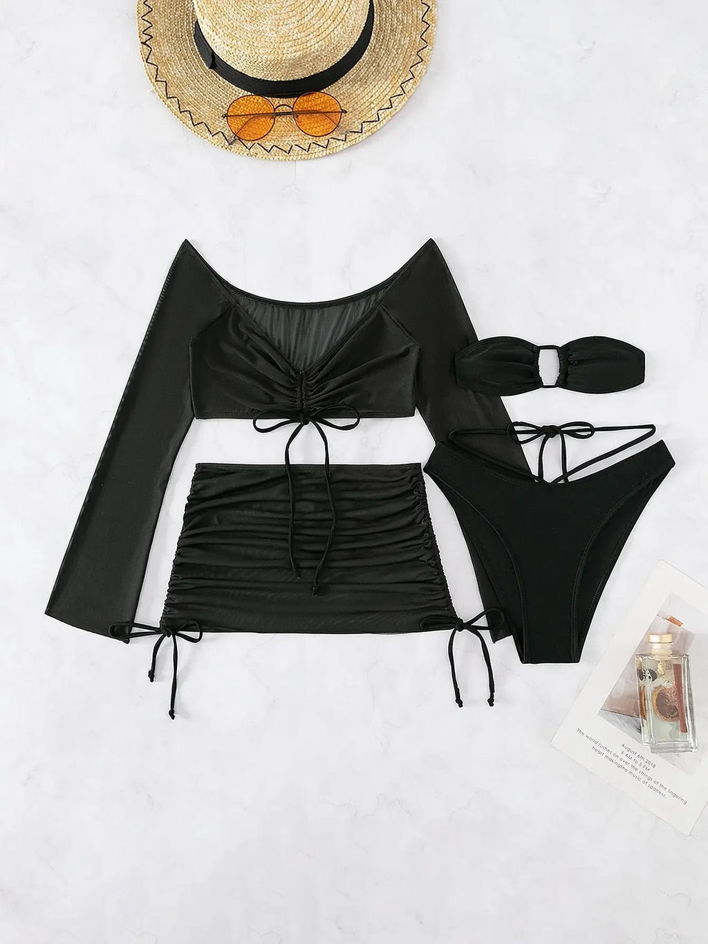 4 Pieces Lace Up Halter Triangle Bikini Swimsuit & Cover Up Top With Skirt Sexy Swimwear Women 2023 Bathing Swimming Suit Female