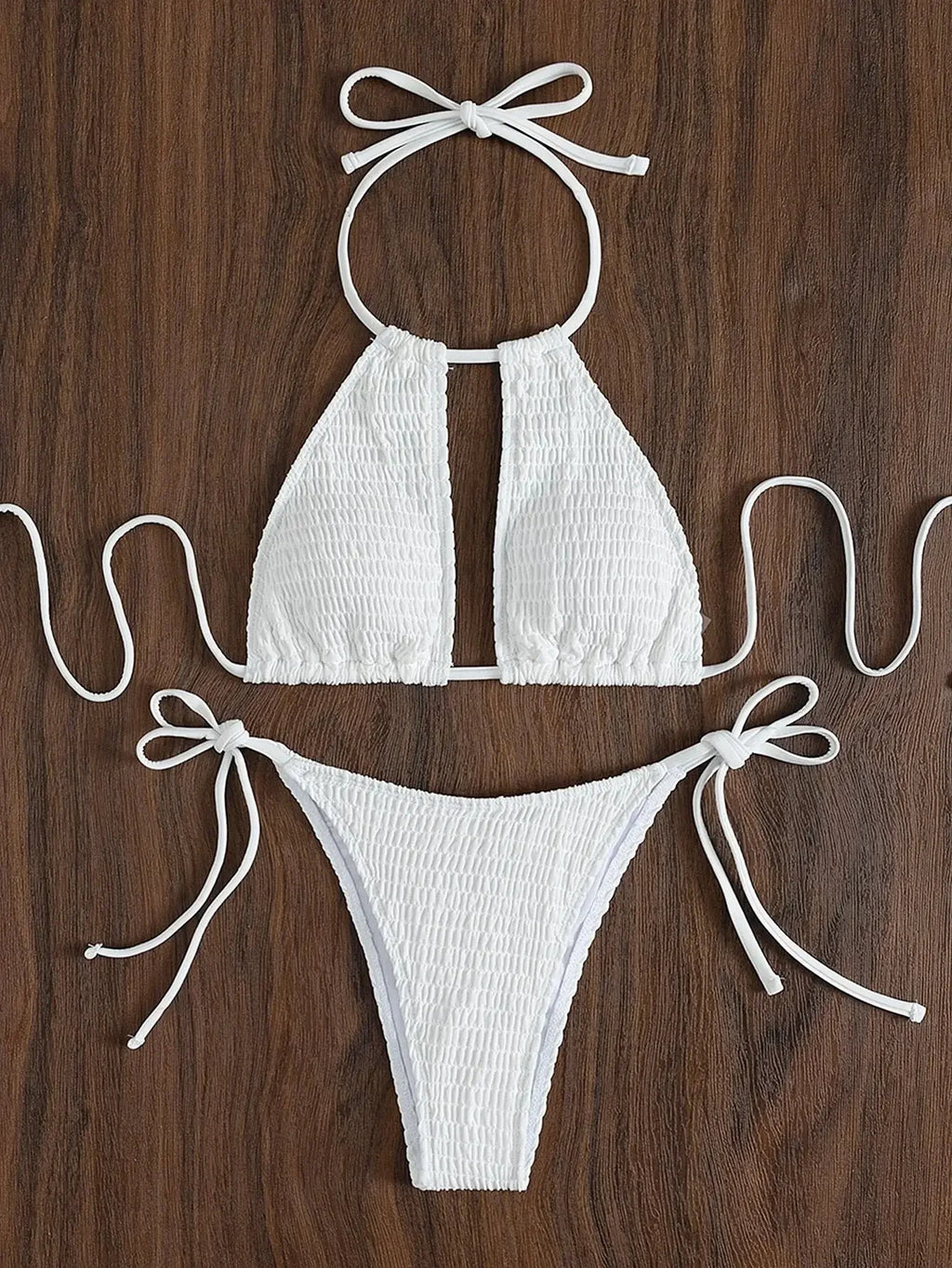 Smocked Halter Tie Side Bikini Swimsuit Women Two Piece Swimwear 2023 Bikini Set Summer Beach Bathing Suit Biquini