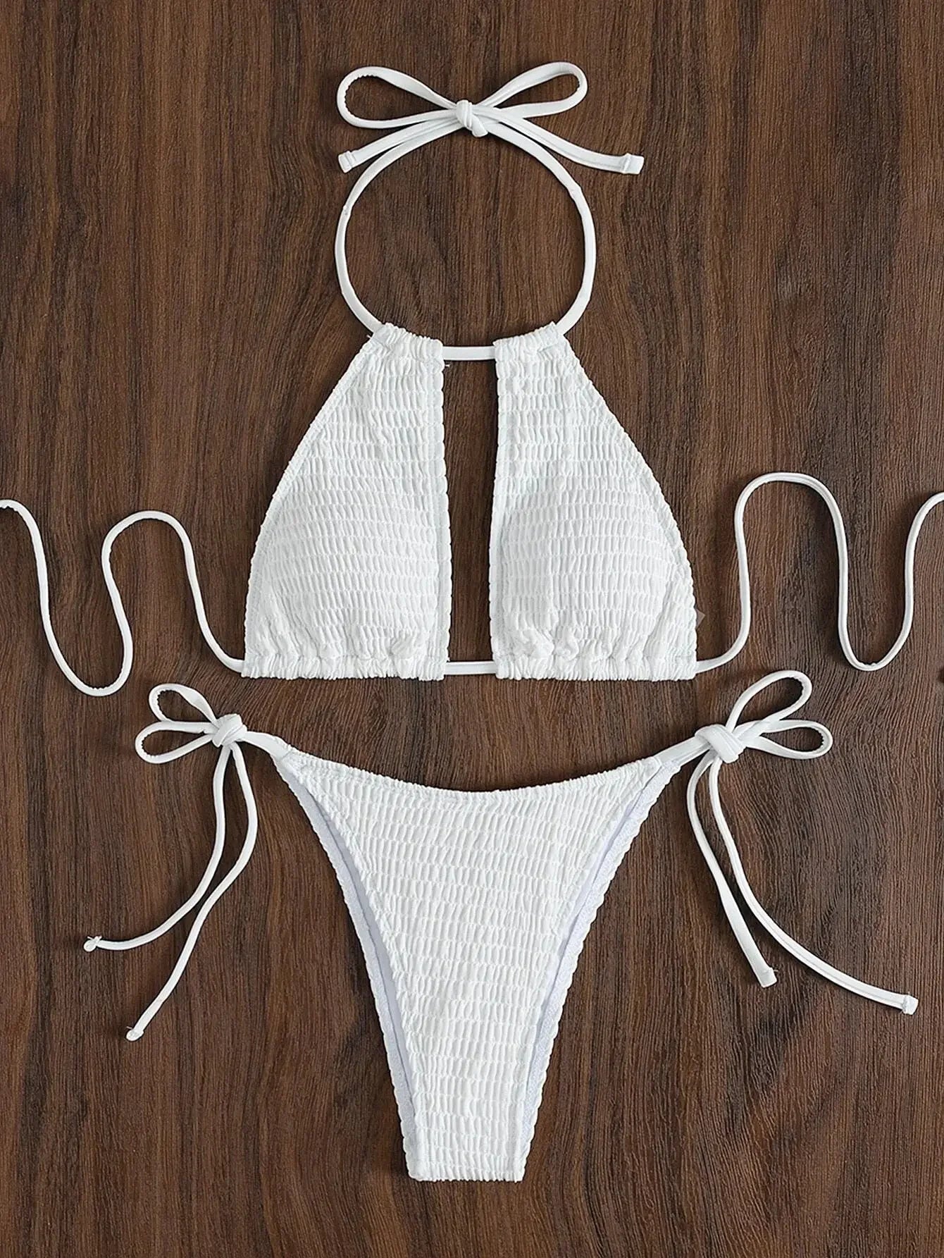 Smocked Halter Tie Side Bikini Swimsuit Women Two Piece Swimwear 2023 Bikini Set Summer Beach Bathing Suit Biquini