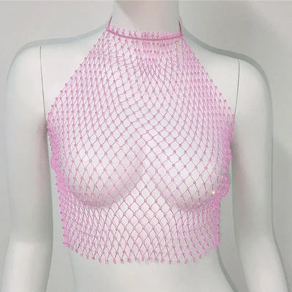 Fishnet Glitter Rhinestone Crop Top Sexy Hollow Out Mesh Sheer Women Beach Y2K Camis Crystal Diamond Club Rave Party Tank Tops