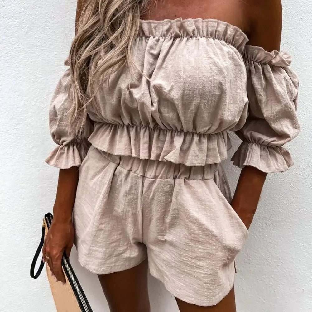Ruffle Half Sleeve Summer Crop Top & Shorts Beach Set