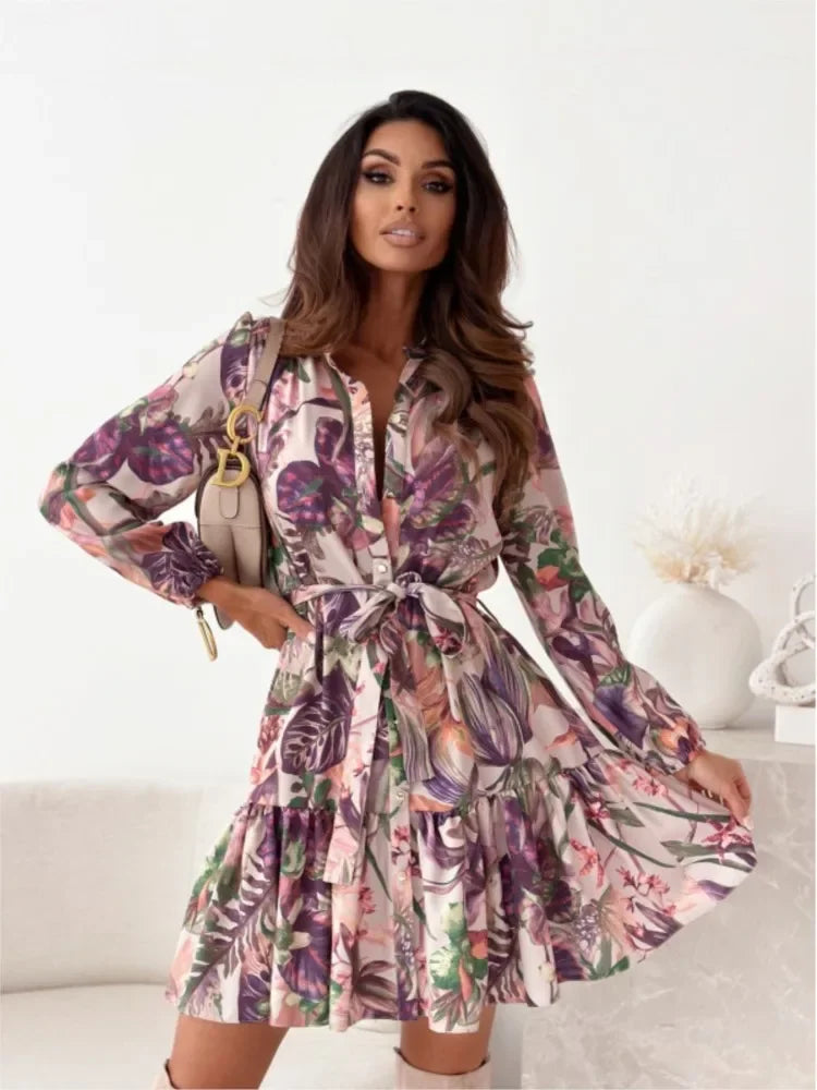 Fashion Floral Print Shirt Dress Women 2023 Autumn Long Sleeve Elegant Office Ladies Clothes V-neck Lace Up Dresses For Women's - LUXLIFE BRANDS