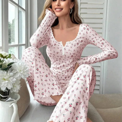 Women Floral Print Pajama Sets Long Sleeve Top +Pants Lovely Loungewear Set Female Home Clothes Elastic Waistband Nightwear Suit