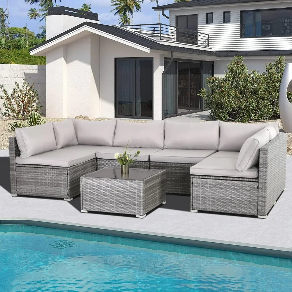 LUXHOME Modern 7 Pc Ratan Patio Furniture Set