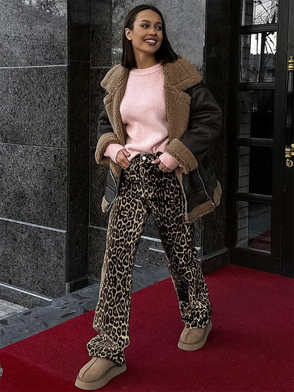 Aynaray Summer Winter 2024 Women Leopard Trousers Streetwear High Waist Straight Pants For Women