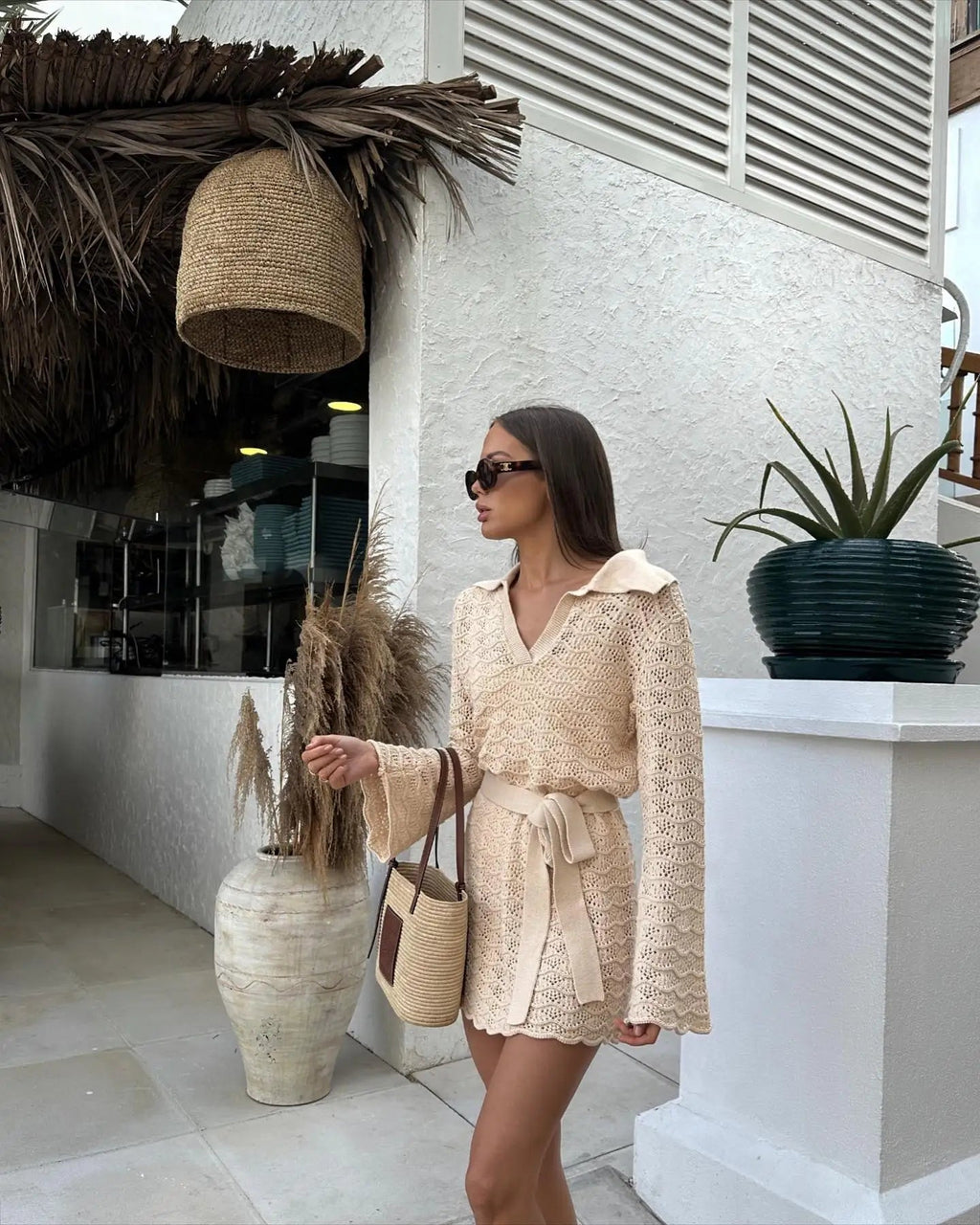 Sexy Shirt V-neck Bell Sleeve Hollow Out Knitted Belted Beach Mini Dress 2025 Summer Swimsuit Cover Up Women's Casual Outfit K16 Luxlife Brands