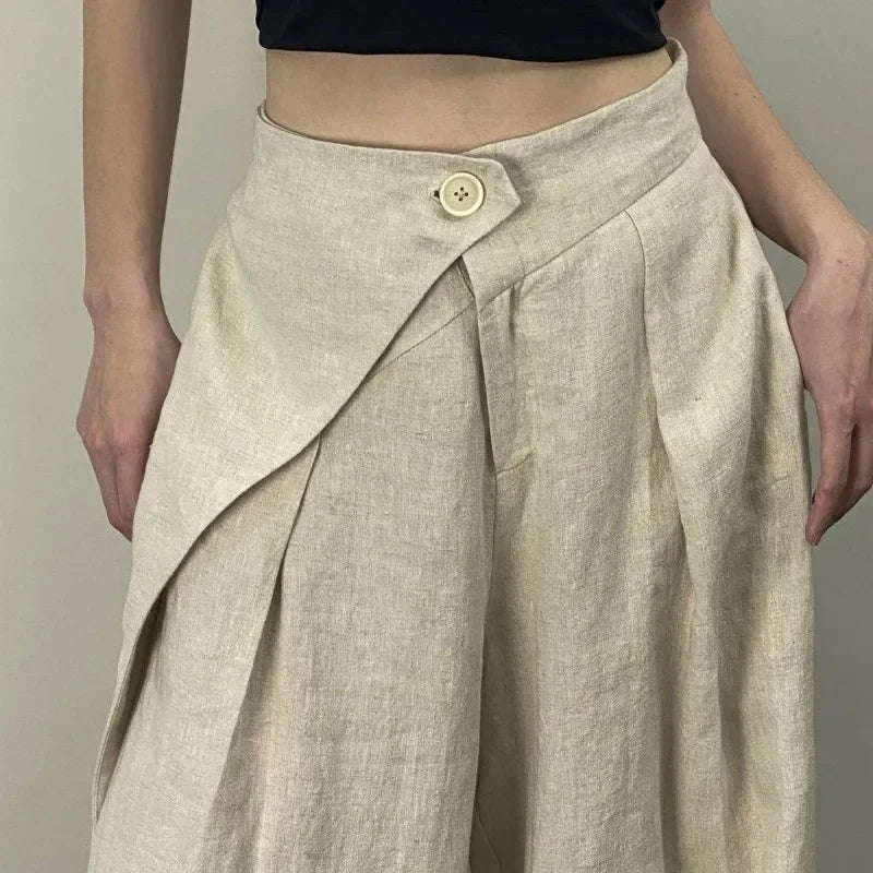 Hikigawa Chic Fashion Women Casual Pleated Wide Leg Pants Linen Texture All Match Loose High Waist Trousers Mujer Pantalones