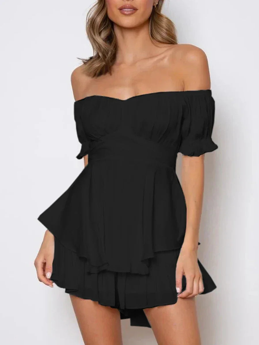 Women s Boho Off Shoulder Romper Double Layer Ruffle Hem Lantern Long Sleeve Waist Tie Back Chiffon Short Jumpsuits
