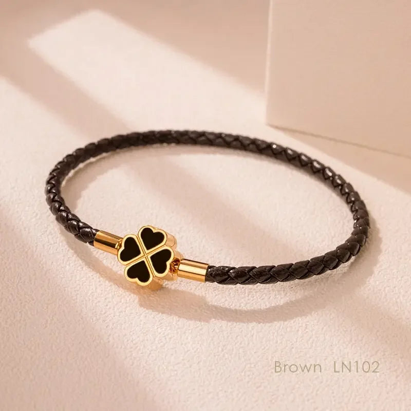 Green Four-Leaf Clover Lucky Bracelet For Women Genuine Braided Leather Bracelet 9 Colors Birthday Party Jewelry ChiristmasGifts