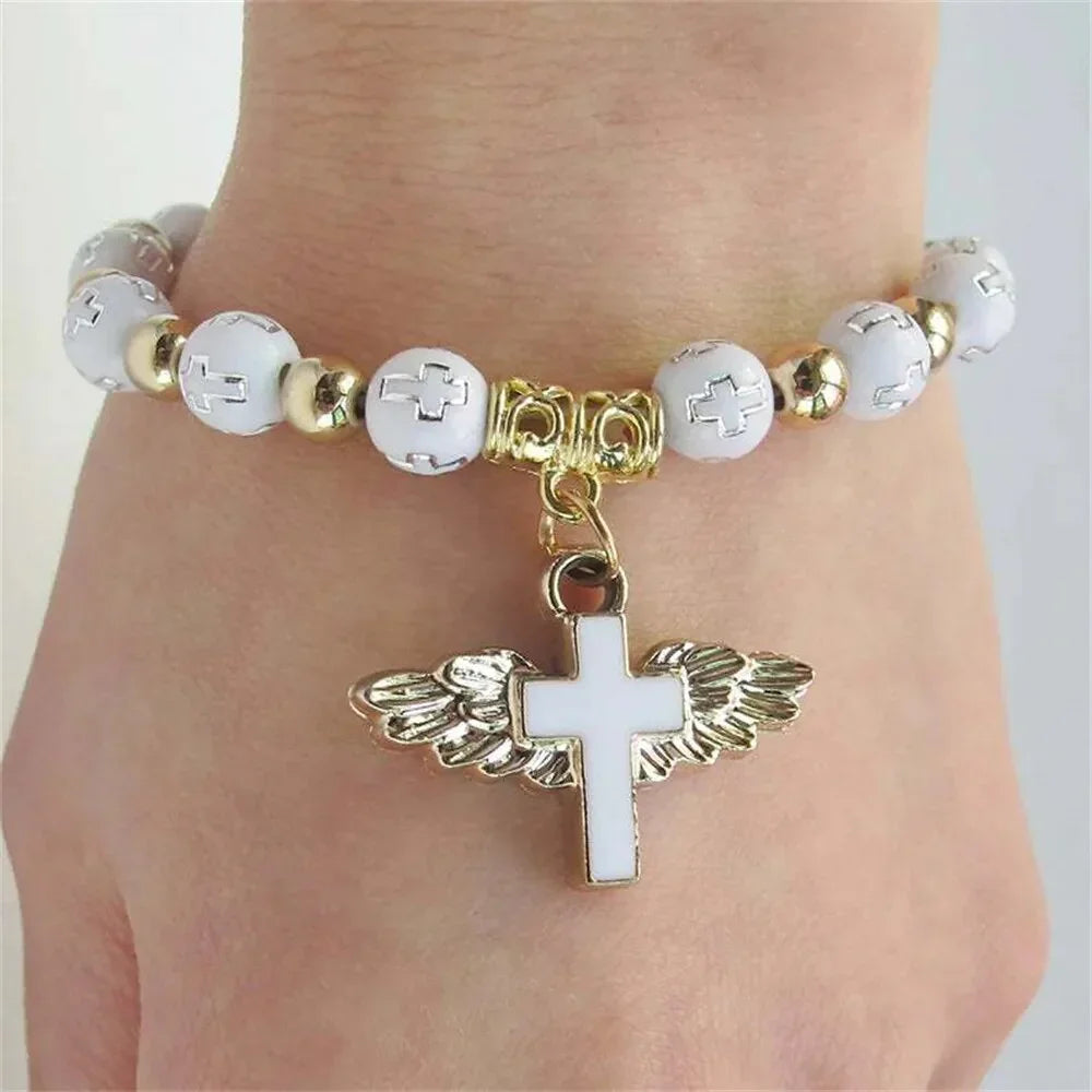 Exquisite Angel Wing Cross Rosary Bracelets Bronzing Acrylic Baptism Stretch Beaded Bracelets for Women Girls Religious Gift LUXLIFE BRANDS