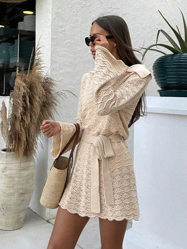 Sexy Shirt V-neck Bell Sleeve Hollow Out Knitted Belted Beach Mini Dress 2025 Summer Swimsuit Cover Up Women's Casual Outfit K16 Luxlife Brands