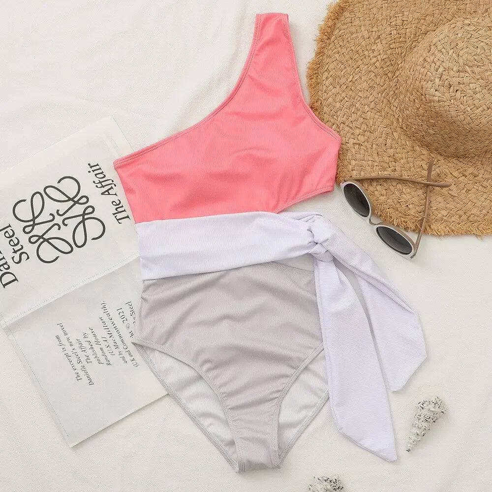 Patchwork One-Piece Swimsuit Women&#39;s Plain One-Shoulder Midriff Outfit Strap Bikini Set Swimwear Women 2023 Seaside Bathing Suit