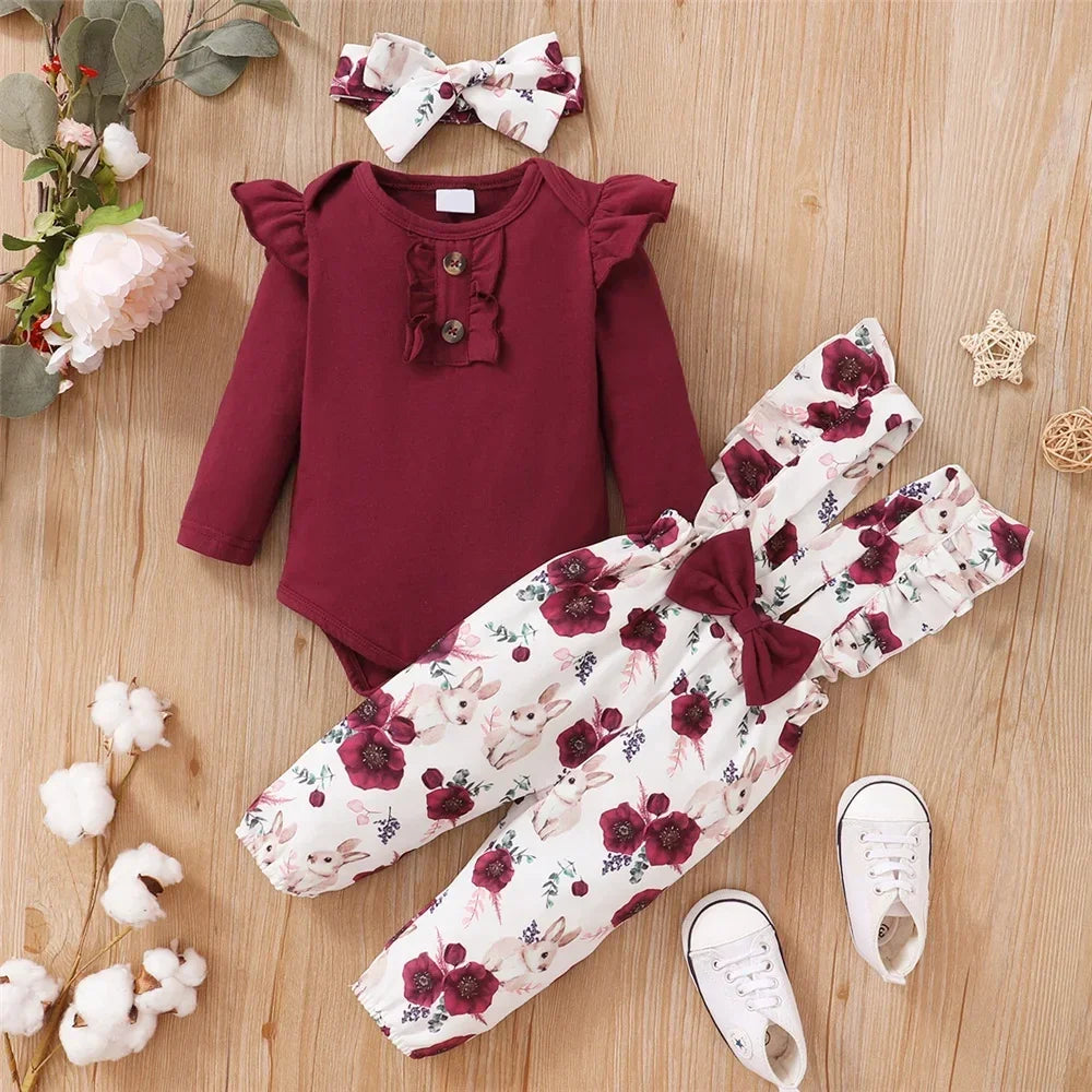 LUXBABY Gilfs 0-18 Months Red Long Sleeve Bodysuit + Flower Strap Pants 2PCS