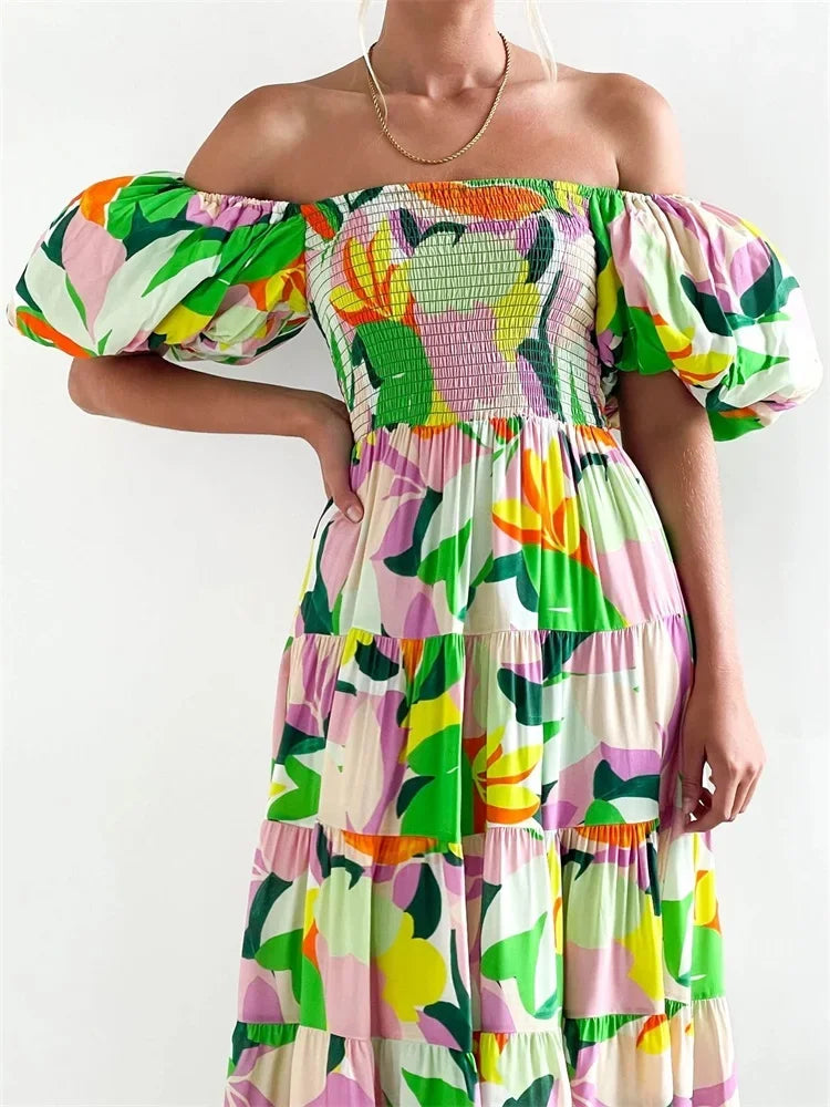 New style bubble sleeve holiday slim long skirt spice girl high waist one shoulder print dress LUXLIFE BRANDS