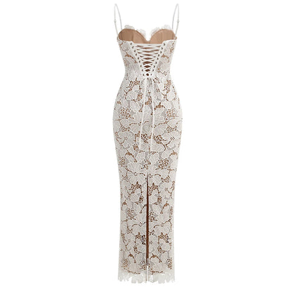 Women's White Lace Up Long Maxi Dress