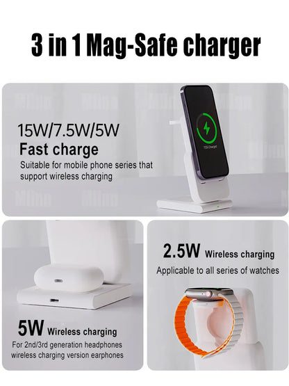 MacSafe 3 in 1 Magnetic Power Bank Wireless Charging Station 5000mAh External Auxiliary Battery For iPhone 15 14 12 Apple Watch