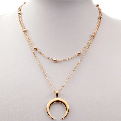 Fashion Gold Color Double Layer Moon Pendant Necklaces for Women Luxury Design Shiny Choker Necklace Jewelry Gift