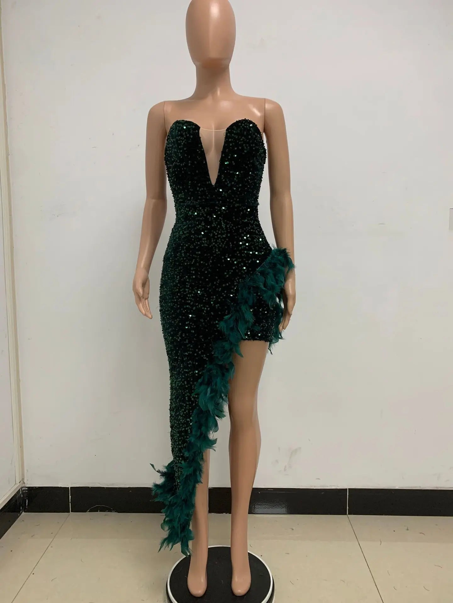 Luxury High Low Feather Sequins Maxi Dress for Women Bodycon Christmas Dress Stitching Evening Prom Dresses for Party Club LUXLIFE BRANDS