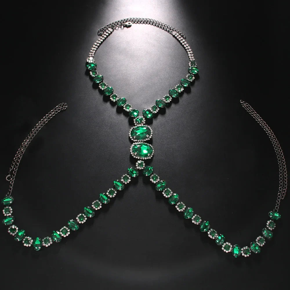 Men's Green Crystal Rhinestone Body Chain Harness Punk Stage Cross Chest Collar