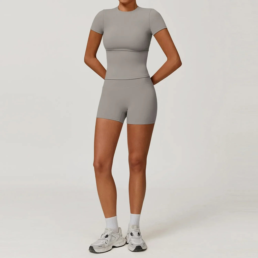 Hearuisavy Women 2 Piece Sport Pants Set Gym Sportswear Workout Short Sleeves Female Push Up Yoga Pants Running Fitness Clothing