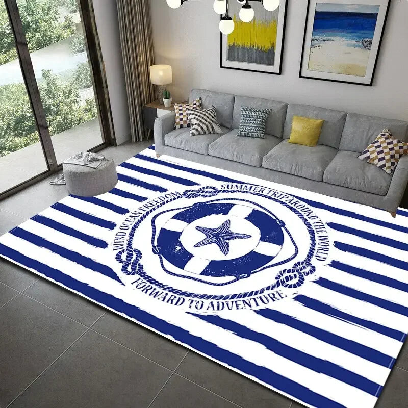 Dark Blue Stripe Ocean Lighthouse Area Rug Anchor Boat Decor Carpet Floor Mat Soft Carpet for Living Room Bathroom Kitchen