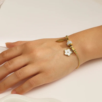 Spring White Flower Titanium Steel Bracelet with Enamel 18K Gold Plated Waterproof Non Allergy Jewelry for Women Girls Friends