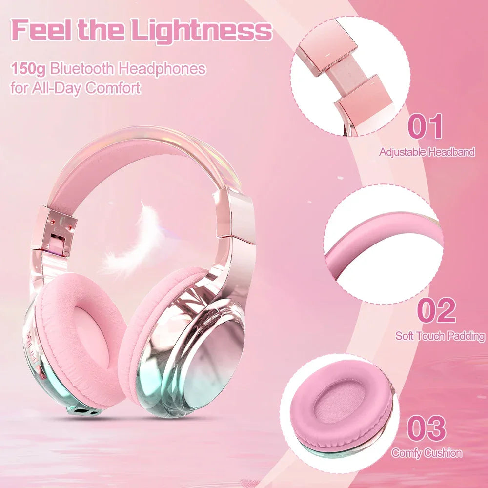 Glossy Gradient Pink Bluetooth5.3 Headphone For Girl Wireless Headphone with Mic Over Ear Headset for Girlfriend Christmas Gift