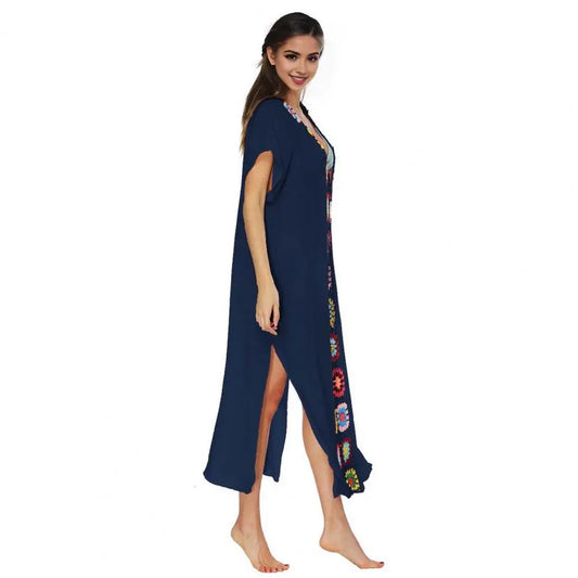 Beach Skirt Stylish Women's Crochet Flower Decor V-neck Cover Up Dress for Beach Pool Short Sleeve Split Design Swimsuit