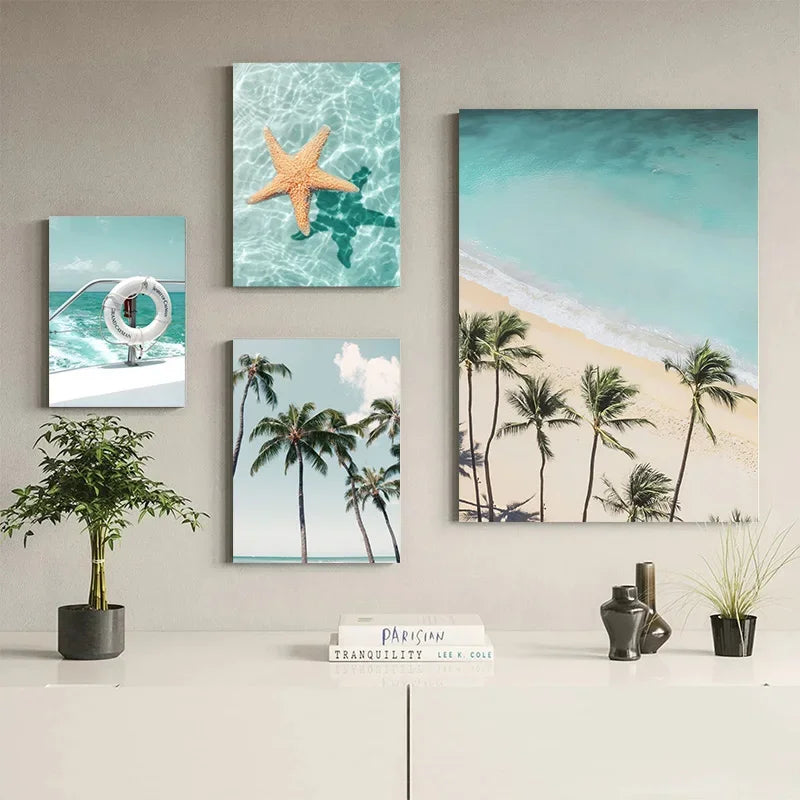 Sea Beach Posters Wall Art Canvas Painting Whale Starfish Coconut Shell Summer Seaside Scenery Pictures Nordic Room Home Decor