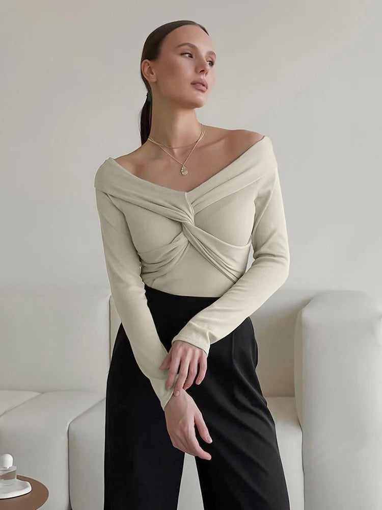 Aynaray 2023 Autumn Winter Women Off Shoulder Office Knitwear Tops Slim Pullover Solid Khaki Long Sleeve T-shirts Female