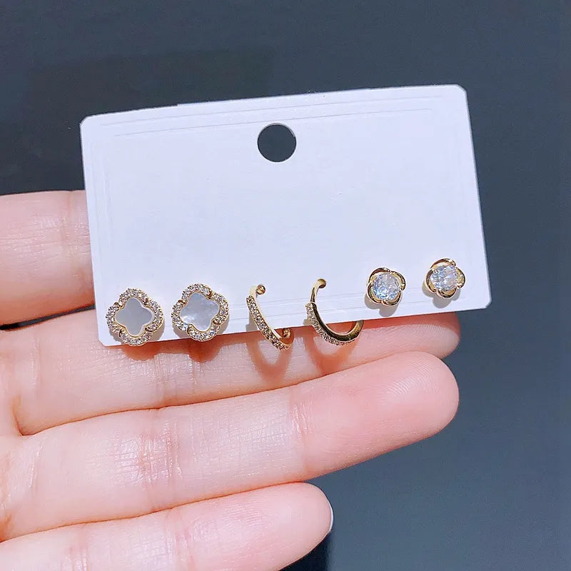 New Mixed Design Shell Flower CZ Crystal Stud Earrings Set Fashion Gold Color Women Jewelry LUXLIFE BRANDS
