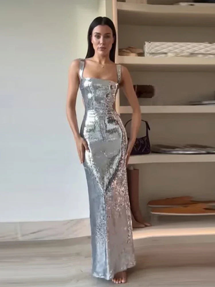 Supreme Silver Maxi Evening Dress LUXLIFE BRANDS